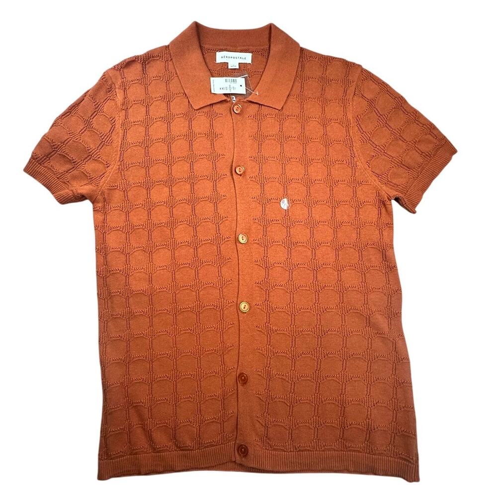 Aeropostale Mens Short Sleeve Geometric Polo Cardigan Rust
